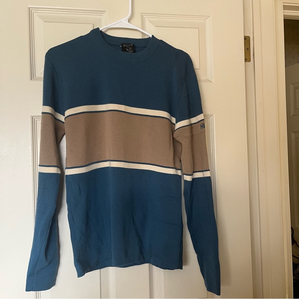 Vintage Head Men's L Teal Blue and Beige Wool Crewneck Ski Sweater